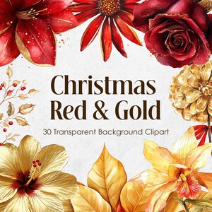 Conjunto de clipart de aquarela de flores vermelhas e douradas de Natal | Gráficos florais pintados à mão para projetos DIY e cartões de artesanato ou convites