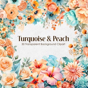Clipart aquarelle fleurs bleu sarcelle et pêche, fond Transparent PNG floral orange pastel menthe, bouquets de mariage turquoise et corail