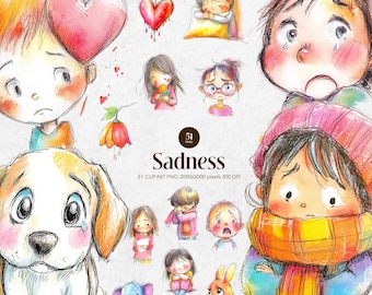 Sad Clipart, Watercolor Emotions PNG, Crying Kids, Sad Girl, Boy, Dog, Heartbreak, Mental Health, Emotional Therapy Art Bundle