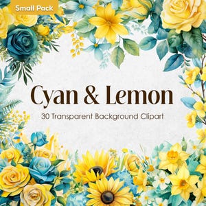 Cyaan citroen aquarel bloem clipartset | Azuurblauwe citrusbloemen, png PNGEgg | Transparante oceaanbries zomer bruidsboeketten commercieel gebruik