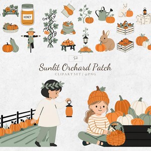 May include: A digital clipart set titled Sunlit Orchard Patch featuring 52 illustrations of pumpkins, a honey jar, a scarecrow, a rabbit, a watering can, a lantern, and two children interacting with pumpkins, harvest crates, and a wooden fence.