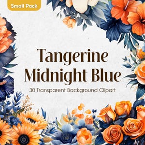 Marineblau und Orange Blumen Aquarell Clipart, Dark Indigo und Tangerine Floral PNG, Blaue Blumen Clipart, Mitternachtsblau, Hochzeitsstrauß