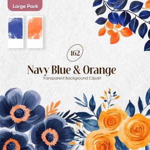 Marineblauwe en oranje bloem png, aquarel bloemen clipart bruidsboeket, lentebloem bundel, diepblauwe feloranje bloem clipart
