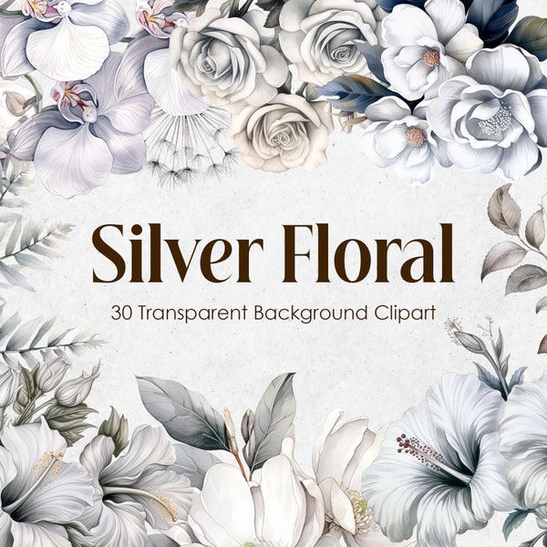 Silver Floral PNG Transparent Background,Watercolor Clipart Bouquets,Instant Download,Silvery Flowers ,Scrapbook Supplies Commercial Use