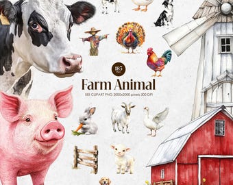 Farm Animal Watercolor Clipart | Cow Pig Goat Chicken Horse Duck PNG, Barn Animals, Farmhouse Nursery Art, Baby Shower Clip Art