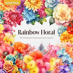 Vibrant Rainbow Flowers Watercolor Clipart Bundle | Blooming Floral PNG Transparent Background | Colorful Pride Wedding Bouquets Digital Art