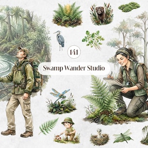 May include: A digital collection of watercolor illustrations titled Swamp Wander Studio 141, featuring hikers, a swamp landscape, a heron, a dragonfly, ferns, a mink, a small child, a nest, and a boat, all rendered in natural green and brown tones.