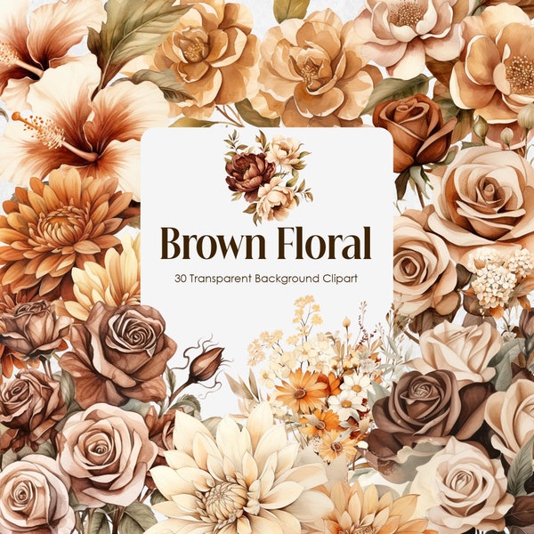 Brown Flowers Watercolor Clipart,Chocolate Cofee Floral PNG Transparent Background,Dark brunette Blossom,Vintage Mahogany Wedding Bouquets
