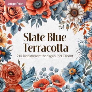 Conjunto de clipart em aquarela de flores azuis empoeiradas e laranja queimadas, fundo transparente de flores azul-marinho-ardósia PNG, buquês de casamento digitais de terracota