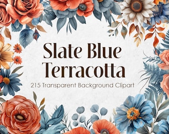 Watercolor Flower Clipart Set, Dusty Blue, Terracotta, (PNG Digital Download)