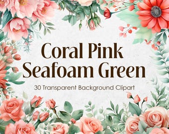 Clipart di fiori ad acquerello: corallo, pesca, verde menta (download digitale PNG)