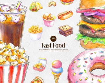 Fast Food Clipart, Watercolor Burger PNG, Donut, Fries, Pizza, Soda, Ice Cream, Snack, Junk Food Clip Art Bundle Kids Hand Draw Art (88 PNG)