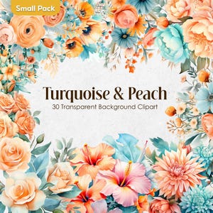 Clipart de aquarela de flores azul-petróleo e pêssego, fundo transparente de flores laranja pastel menta PNG, buquês de casamento turquesa azul-água e coral