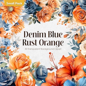 Clipart de aquarela floral laranja ferrugem azul jeans, flores jeans azuis PNG fundo transparente, buquês de casamento laranja queimado, uso comercial.