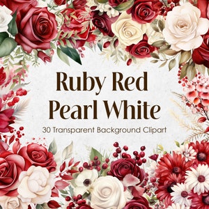 Rubinrot und Perlenweiß Aquarell Blumen Clipart-Set, Weincreme Blumen PNG transparenter Hintergrund, Romantische Crimson Ivory Hochzeitssträuße