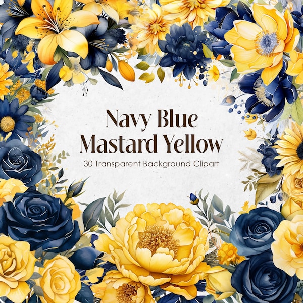 Navy Blue and Yellow Flowers Watercolor Clipart,Midnight and Golden Florals PNG Transparent Background,Deep Ocean Goldenrod Wedding Bouquets