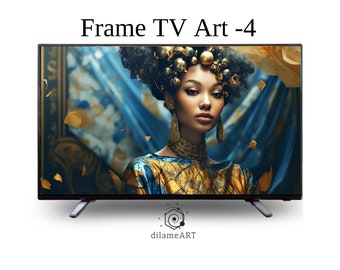 Frame TV Art-4 / Modern Art, Golden Blue Charm, Mixed Media Digital Art, Instant Download