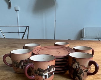 Rare - Stoneware cups with handles and saucers, Basque, CIBOURE, 6 pieces in perfect condition