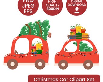 Christmas Car Clipart Set | Cute Christmas Tree Car PNG | Digital Download for Cards & Craftss