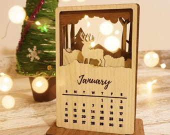 Laser Cut Layered Wooden Desk Calendar – Handmade 3D Wood Art Gift