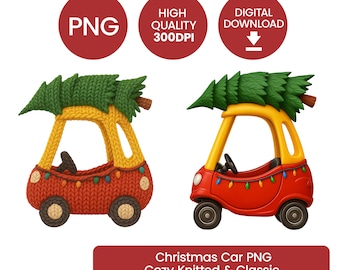 Coche navideño PNG / Coche de juguete clásico y acogedor de punto con árbol / Descarga digital de alta calidad (300 ppp)