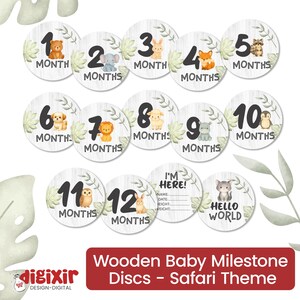Disques jalons en bois pour bébés - Thème animaux de safari | Ensemble d'accessoires photo nouveau-né à 12 mois | Cartes Je suis là et Bonjour le monde