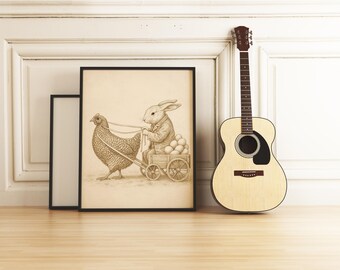 Vintage Osterhase und Henne Wandkunst zum Ausdrucken - Rustikale Bauernhaus Frühlingsdekoration - Digitaler Download A4 A3 A2 JPG