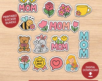 Paquete de pegatinas para el Día de la Madre: 14 adorables diseños PNG - Pegatinas imprimibles para mamá - Descarga digital para regalos, tarjetas y manualidades