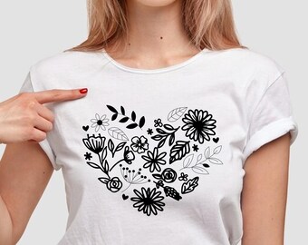 Corazón floral SVG PNG EPS / Clipart de flores dibujadas a mano / Diseño floral boho / Descarga digital