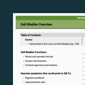 May include: A page from a medical reference book titled "Gall Bladder Overview." The text includes a table of contents, gall bladder functions, and keynote symptoms. The page has a green and white color scheme.
