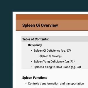 May include: A page from a book titled "Spleen Qi Overview." The page includes a table of contents with topics like "Spleen Qi Deficiency" and "Spleen Yang Deficiency." The text is in black font on a white background.