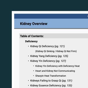 May include: A page from a book titled "Kidney Overview" with a table of contents. The table lists various kidney deficiencies, including Kidney Qi, Yang, and Yin deficiencies, along with page numbers. The text is in black font on a white background.