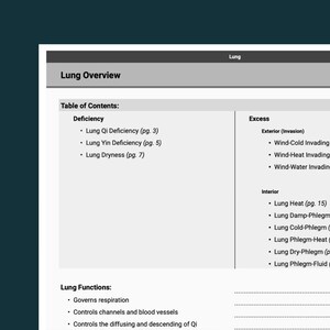 May include: A page from a medical reference book titled "Lung Overview." The text lists topics such as "Lung Qi Deficiency" and "Lung Dryness." The page also details "Lung Functions" and "Excess" conditions like "Lung Heat."