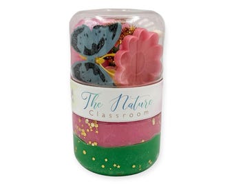 May include: A clear plastic container filled with colorful craft supplies. The container is divided into three sections: green, pink, and pink with gold glitter. The top section contains a pink flower and a blue butterfly. The text "The Nature Classroom" is printed on the container.