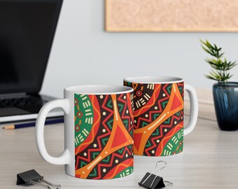 Coffee Mug Ethnic Pattern Gift Boho Style Geometric Abstract Design Colorful Vintage Tea Him Her Mum Dad 70s Orange Green