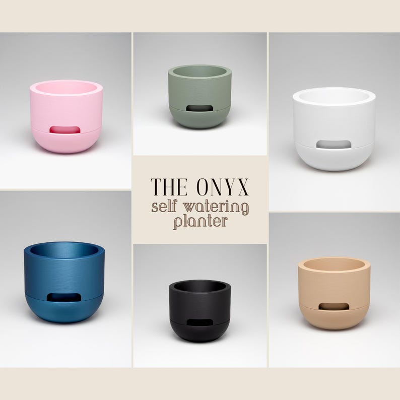 May include: A collection of six self-watering planters in various colors, including pink, green, white, blue, black, and beige. Each planter has a rounded base and a rectangular opening near the bottom. The text "THE ONYX self watering planter" is displayed.