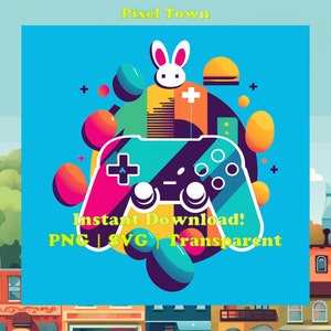 Puede incluir: Una ilustración digital colorida de un mando de videojuego con un fondo de ciudad pixelada. El mando está rodeado de círculos coloridos y un conejo. El texto "Descarga instantánea! PNG | SVG | Transparente" está en la parte inferior de la imagen.