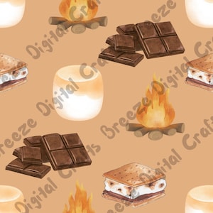 May include: A seamless pattern featuring a campfire, chocolate squares, graham crackers, and marshmallows. The background is a light brown color. The pattern is perfect for creating a fun and festive atmosphere for any occasion.