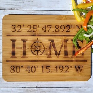 Wood Burned Nautical Themed Bamboo Cutting Board with Customizable Coordinates