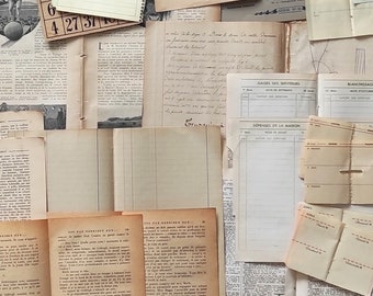 Lotto di oltre 40 vecchi documenti francesi vintage per collage, scrapbooking, tecnica mista, diari spazzatura e altro ancora