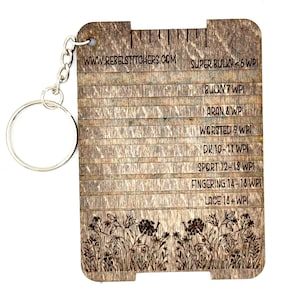 Handmade Yarn Weight & Wraps Per Inch (WPI) Gauge Wood Keychain 2.5&quot; x 3.5&quot; Rectangle Wildflowers Yarn Weight Measuring Tool