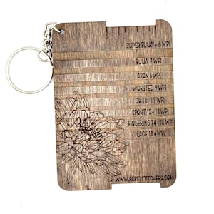 Handmade Yarn Weight & Wraps Per Inch (WPI) Gauge Wood Keychain 2.5&quot; x 3.5&quot; Rectangle Flowers Yarn Weight Measuring Tool