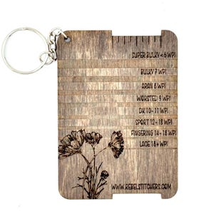 Handmade Yarn Weight & Wraps Per Inch (WPI) Gauge Wood Keychain 2.5&quot; x 3.5&quot; Rectangle Poppies Yarn Weight Measuring Tool