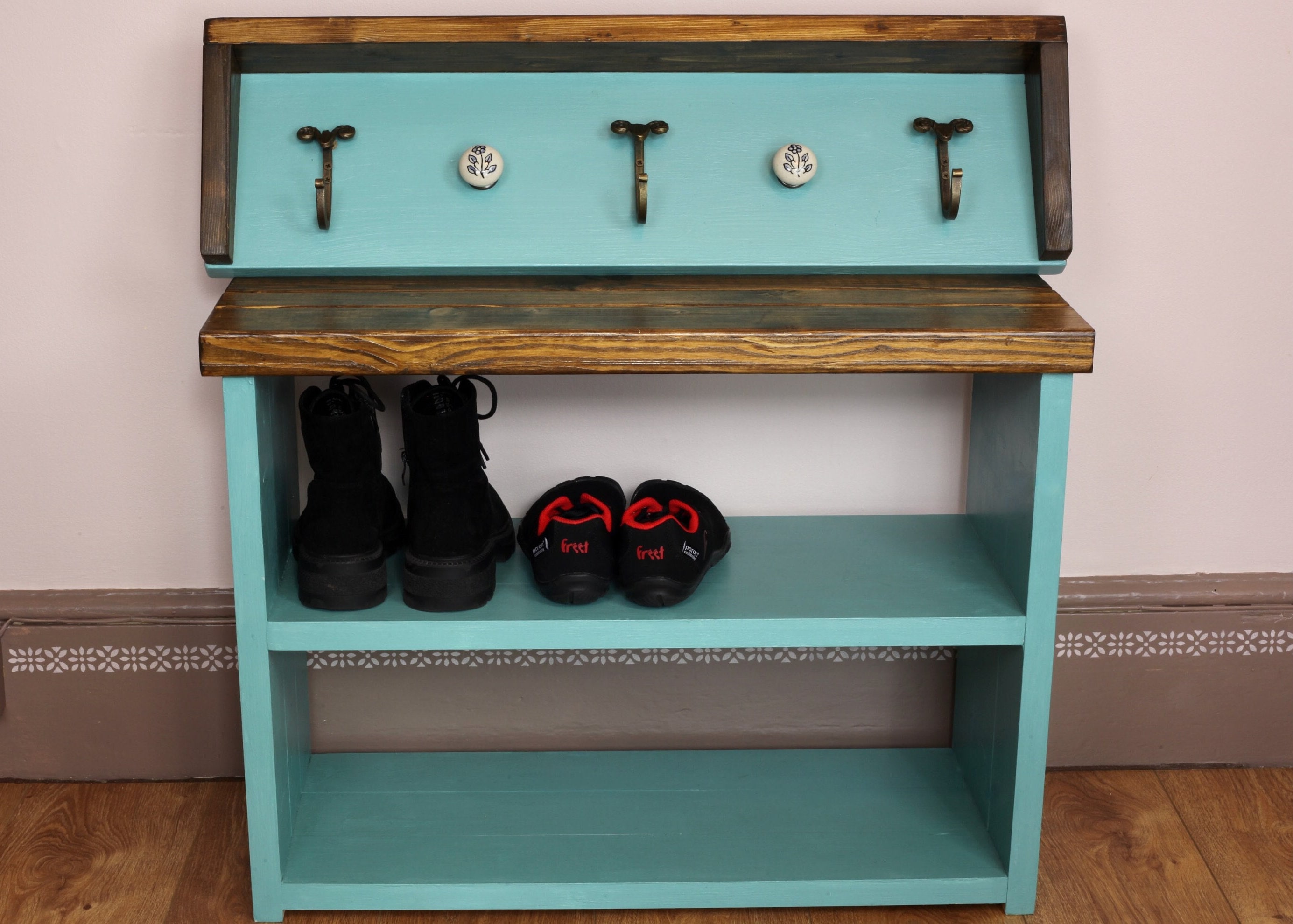 Wooden Shoe Bench Rack with Coat Rack and Key Holder Board, Handmade Pine  Wood Shoe, Coat and Keys Hallway Storage, Painted Furniture