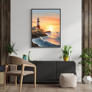 Digital Printable Art, Lighthouse, Sunset View, Relaxing Portrait, Sea Side, Instant Download, Digital Product.