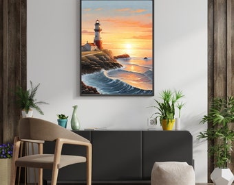 Digital Printable Art, Lighthouse, Sunset View, Relaxing Portrait, Sea Side, Instant Download, Digital Product.