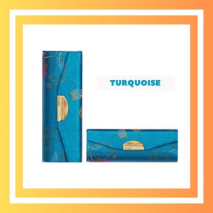 Embroidered Silk Brocade Case in 10 Colours | Hard Case for Lipstick, Lip Gloss or Jewelry with Mirror | 9 x 3 x 3cm | Press Stud Close