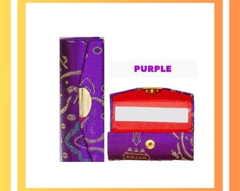 Embroidered Hard Brocade Case in 10 Colors | Perfect for Storing Lipstick, Lipgloss, Jewelry with Mirror | 9x3x3cm | Press Stud Close