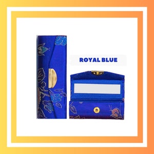 Embroidered Silk Brocade Lipstick Cases in 10 Colours | Royal Blue Lipstick Cases, Jewelry Case with Mirror | 9 x 3 x 3cm | Press Stud Close