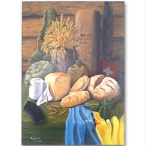 Still life with oil paints, original painting oil, Ukrainian artist, picture on canvas, military painting, wall decor, modern Art